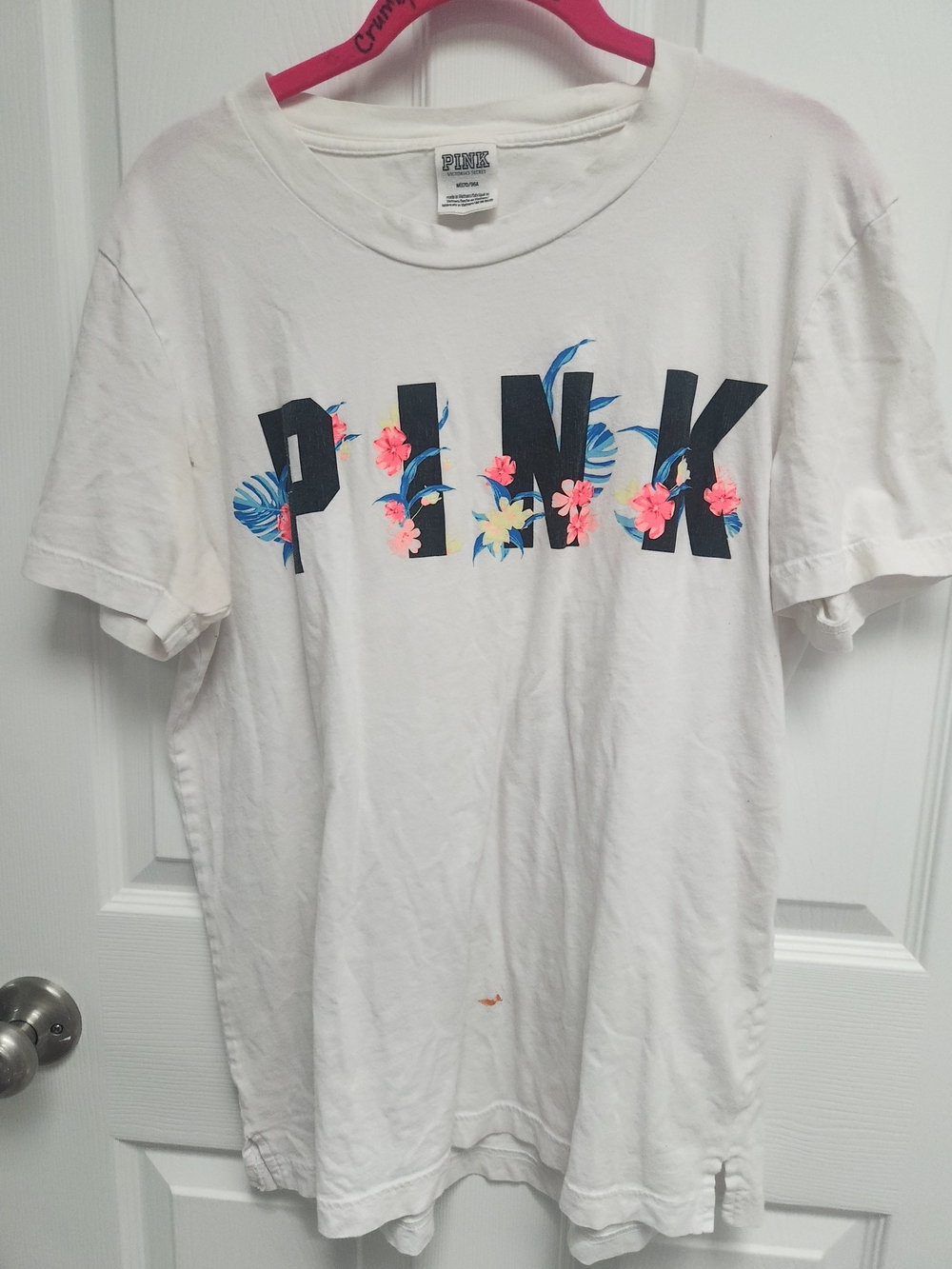 PINK Victoria's Secret White Tee with Navy Floral Logo